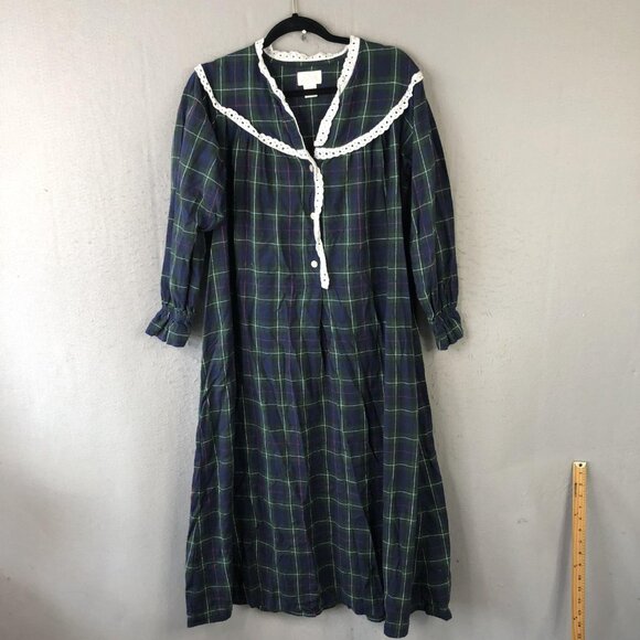 Vintage Geffy Nightgown Womens Small Plaid Flannel Lace Trim Dress 90s - Picture 1 of 16